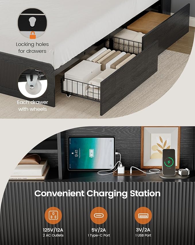 AOGLLATI Queen Bed Frame with 4 Storage Drawers and Hidden Storage Headboard, Black Led Fluted Bed Frame Queen Size with Charging Station and Curved Profile Design,No Box Spring Needed, Black