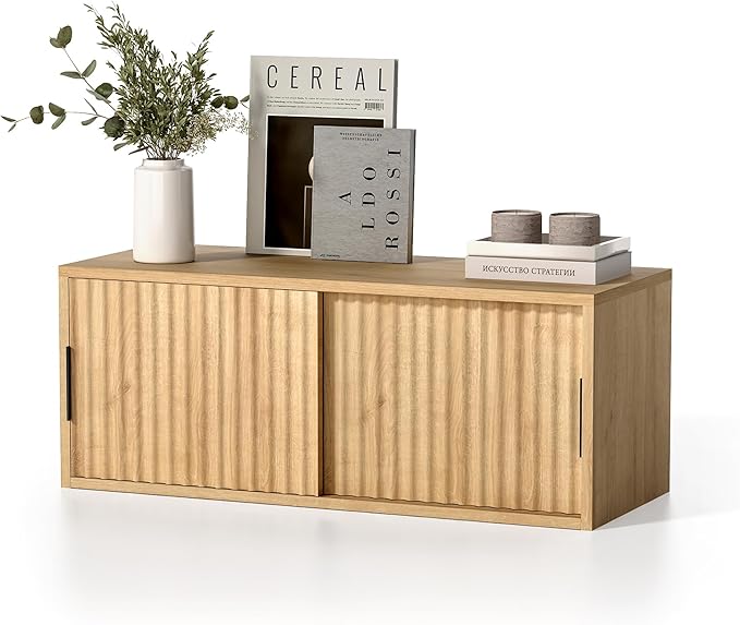 Floating TV Stands Set of 2, Modern Fluted Large Floating Nightstand Wall Mounted Bedside Cabinet with Sliding Doors for Bathroom, Living Room, Bedroom, Natural Oak
