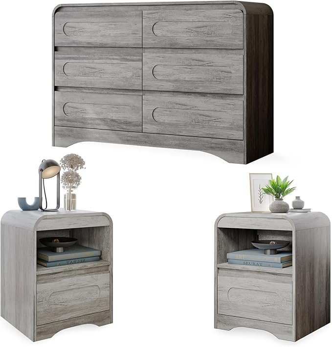 3 Piece Bedroom Set, Dresser and Nightstand Sets for Bedroom, Wood 6 Drawer Dresser & Night Stand Set of 2, Wide Chest of Drawers Modern Storage Cabinet Bedroom Furniture Set, Grey