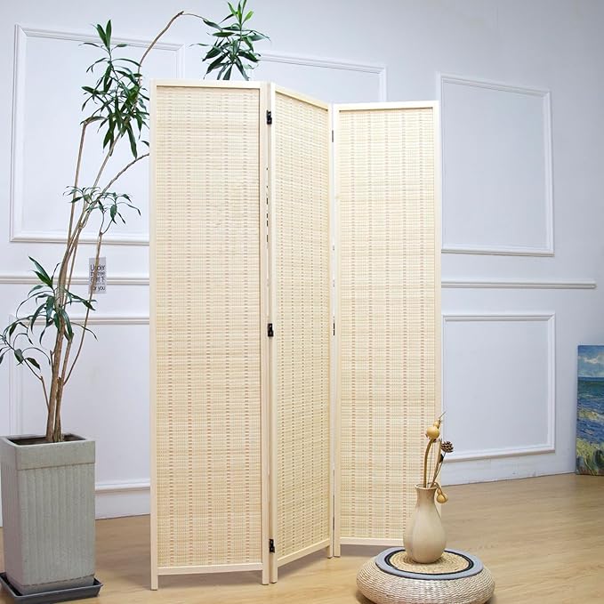 Furnnylane 3 Panel Room Divider and Folding Panel Screen,Bamboo Panel Divider Screen for Room Separation,Beige,67" H x 46" W