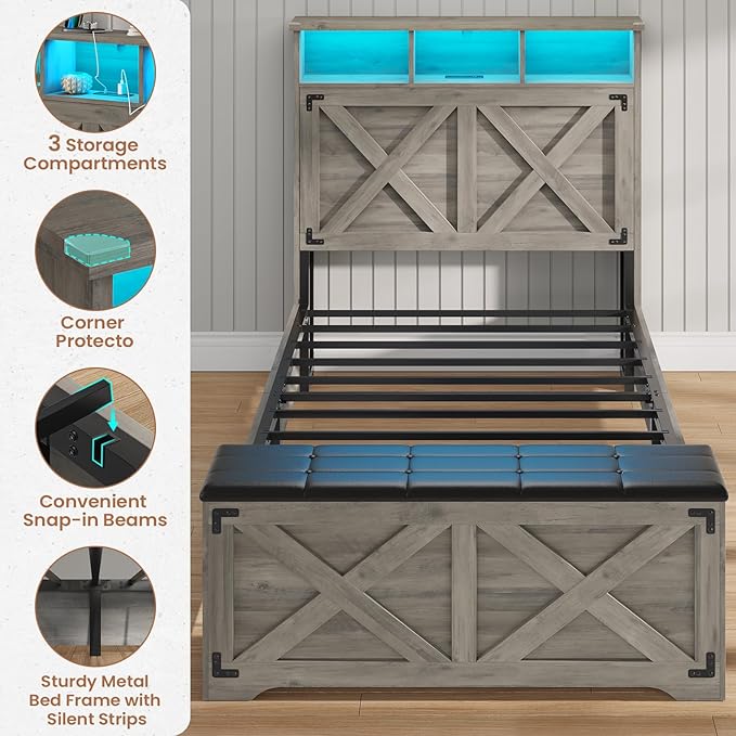Hasuit Farmhouse Bed Frame Twin Size with Storage Headboard, Charging Station and LED Light, Wooden Twin Bed Frame with Storage Ottoman, Barn Door Design, No Box Spring Needed, No Noise (Oak Grey)