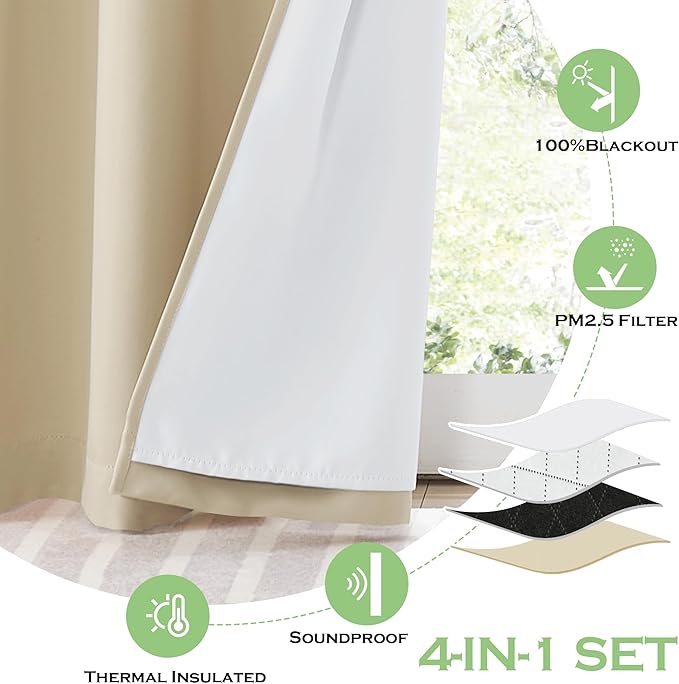 KGORGE 4-in-1 Soundproof Anti Dust 100% Blackout Curtains with Melt-Blown Layer Noise Reducing Thermal Insulating Window Drapes for Bedroom Nursery, W 52 x L 84, Beige, 2 Panels