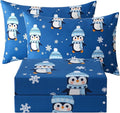 JSD Penguin Snowflakes Kids Christmas Sheet Set Full Size, 4 Piece Blue Printed Microfiber Sheets Deep Pocket