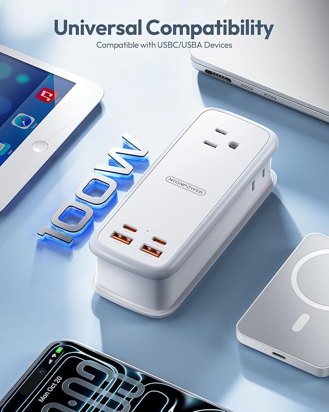 NTONPOWER 100W GAN Ultra Travel Power Strip, 7-in-1 USB C Charging Station with 3 Outlets 4 USB (2 Fast Charge)& 5ft Extension Cord, Compact Desktop Charger for MacBook, iPhone, Cruise, Office, White