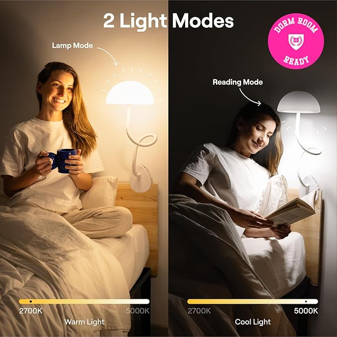 Smallish 2-Pack: WallShelfie & Shroommate - Bedside Wall Organizer with Shroommate Clip On Light Bundle - Dorm Room Essential, Floating Bedside Shelf Wall Mount, Clip on for Desk, Remote Holder