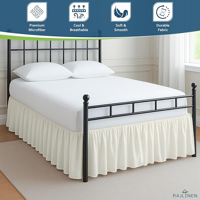 Rajlinen Ruffled Bed Skirt Full, 10 Inch Drop Dust Ruffle with Split Corners, 100% Microfiber Bedskirt with Platform, Three-Sided Coverage Ruffled Gathering Design, Ivory