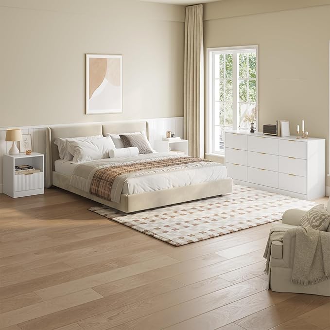 9 Drawer Dresser & Nightstand Set 3-Piece, 63” Wide Bedroom Set Night Stand Set of 2 with Metal Handle, Fluted Modern Wood Chest of Drawers Storage Dressers Set for Bedroom, White