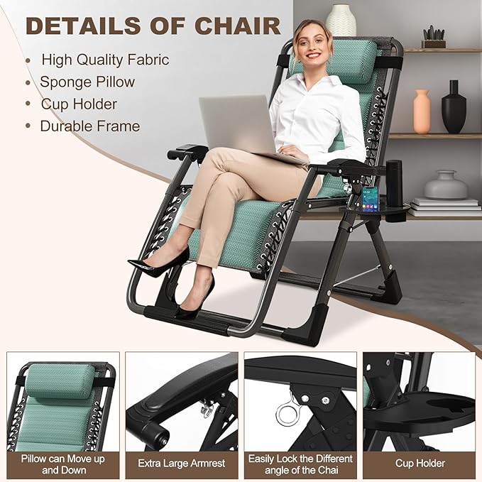 DoCred Comfy Folding Recliner Chair for Bedroom & Living Room, Ice Touch Folding Reclining Patio Lounge Chair with Removable Tray for Indoor Outdoor