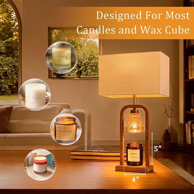 PoKat Farmhouse Table Lamps with Candle Warmer & Timer for Bedroom, Wood-Like Bedside Lamps Set of 2 for Night Stands, 21.5'' Bedroom Lamps Decor for Living Room, Corded Eletric, No Battery