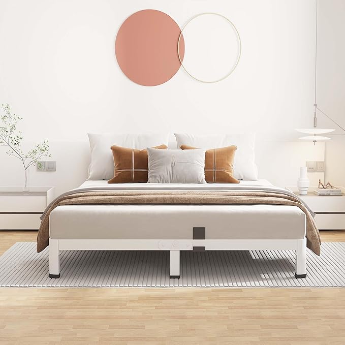ROIL 4 Inch White King Bed Frame with Rounded Corner and Mattress Retainers, 3500LBS Heavy Duty Steel Slats No Box Spring Needed Platform Noise-Free Easy Assembly