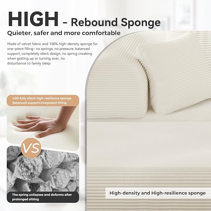 Upgrade High Backrest Design Sofa Bed with Fixed-Shape Frame & Removable Armrests and Backrest, 2 Corduroy Pillow, Convertible Mattress Couch for Small Spaces - No Assembly (High Backrest Beige)