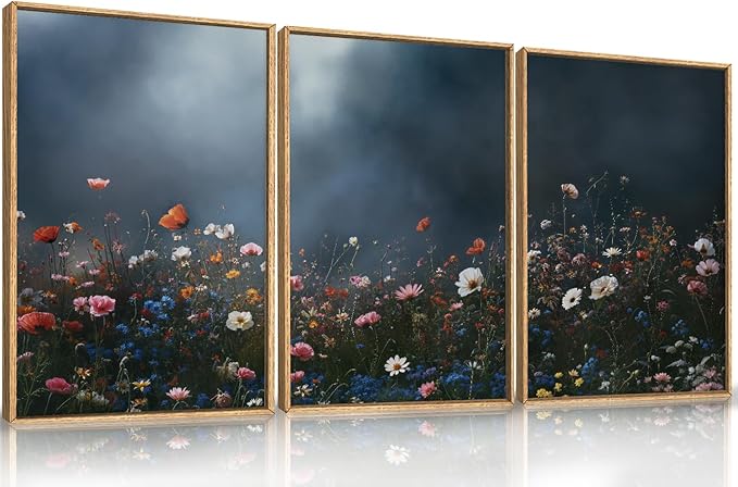 LHIUEM Large Nature Moody Floral Framed Canvas Wall Art,Abstract Dark Wall Decor,Wildflower Botanical Landscape Wall Painting,Picture Artwork for Living Room,Bedroom,Dining Room,Office -24"x36"x3