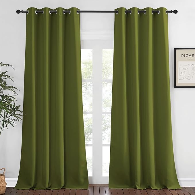 NICETOWN Blackout Curtains 120 inch Length for Sliding Glass Door, Grommet Thermal Insulated Room Darkening Sound Reducing Drapes for Room Divider, 1 Panel, W52 x L120, Olive Green