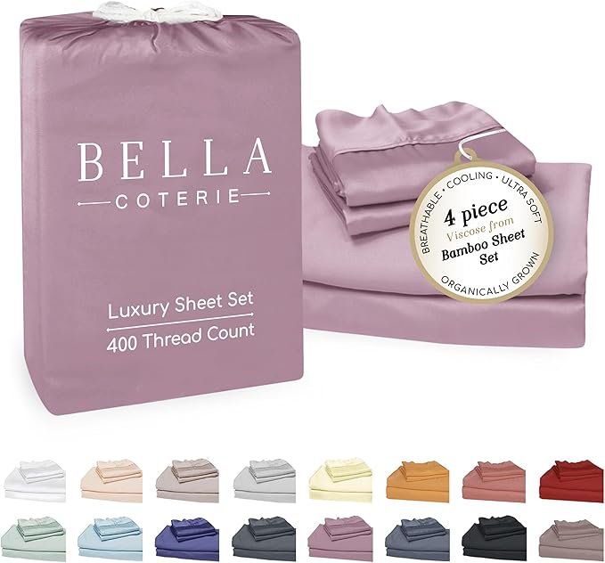 Bella Coterie Luxury Bamboo Viscose Cal King Size Sheet Set | 100% Organically Grown | Ultra Soft | Cooling for Hot Sleepers | 18" Deep Pocket [Lilac]