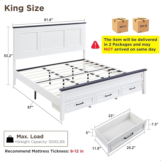 ACCOHOHO Farmhouse King Size Bed Frame with 52" Tall Headboard, Wood Platform Bedframe with Footboard and Storage Drawers, No Squeak, No Box Spring Needed, White