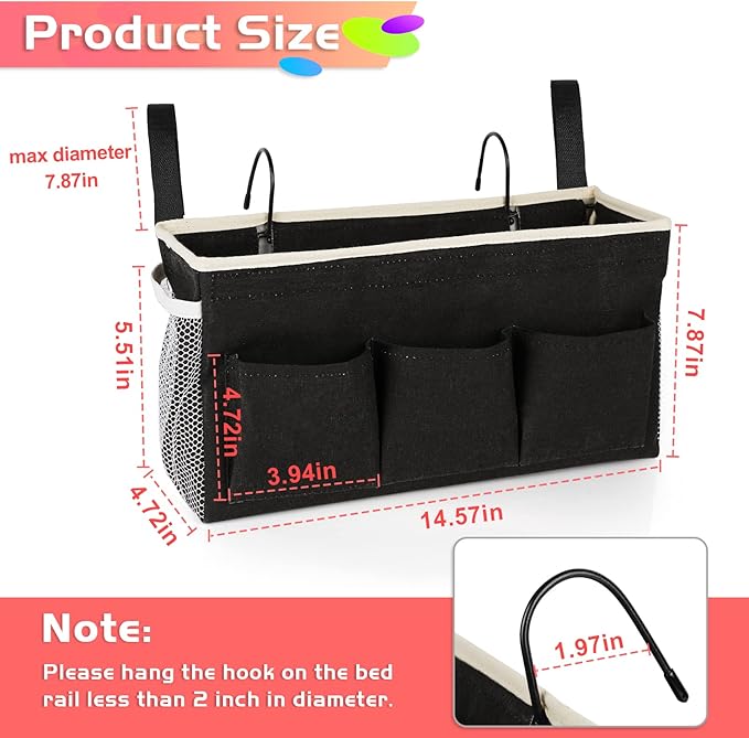 Loghot Bedside Caddy/Bedside Storage Bag Hanging Organizer for Bunk and Hospital Beds,Dorm Rooms Bed Rails,Can be Placed Glasses,Books,Mobile Phones,Keys (New Black)