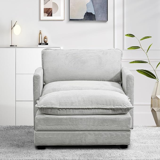 ROWHY Single Armchair with Ottoman, Modern Corduroy Cloud Couch with Convertible Chaise, Upholstered Sofa Set for Living Room, Light Grey