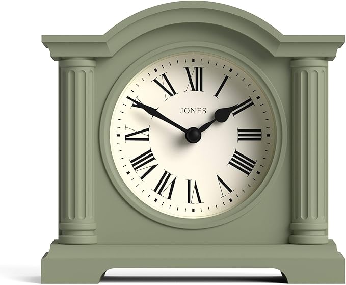 JONES CLOCKS® Kensington Mantel Clock | Classic Arch top Clock | Sage Green | Stylish & Contemporary | Ideal for Desk, Mantelpiece, Bookshelf or Bedside