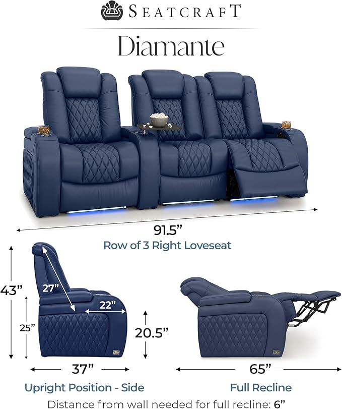 Seatcraft Diamante Zero-Gravity CoolZero Italian Leather Home Theater Seating, Power Headrest, Power Recline, Row of 3 Right Loveseat, Navy Blue