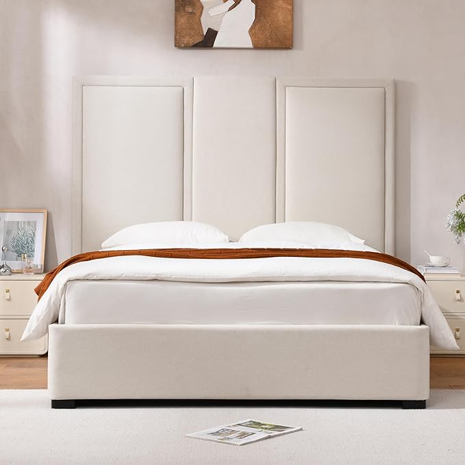 YUHUASHI Queen Size Bed Frame with 64-inch High Headboard, Simple and Airy Linen Upholstered Platform Bed with Storage Drawers, Wood Slat, No Noise (Beige, Queen(Hydraulic Lift))