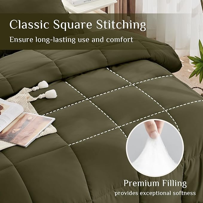 JOLLYVOGUE California King Comforter Set, Ultra-Soft Bed in a Bag Cal King Size 7 Pieces, Oeko-TEX Certified Bedding Set with Down Alternative Comforter, Sheets, Pillowcases & Shams, Olive Green