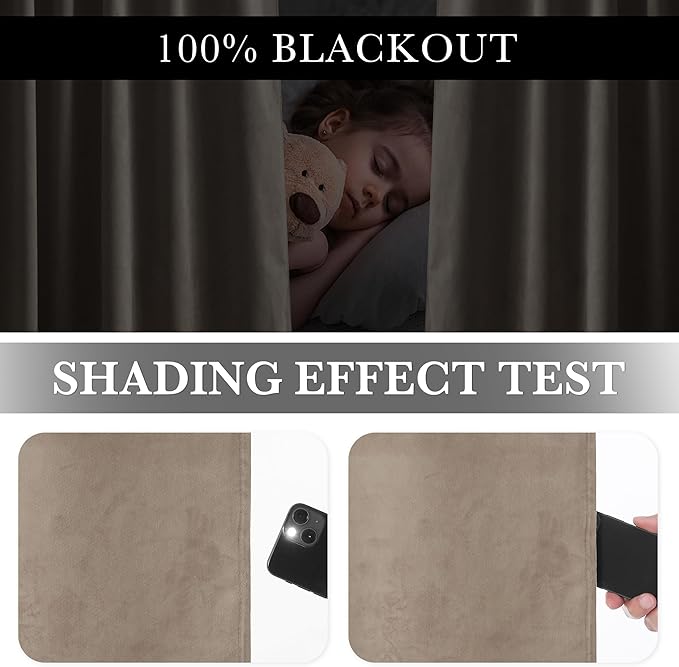 RYB HOME 100% Blackout Velvet Curtains for Living Room, Light Blocking Nursery Curtains 108 inches Long 2 Panels, Back Tab Thermal Insulated Window Drapes for Bedroom, Camel Beige, 52W x 108L