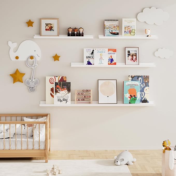 Fun Memories Picture Ledge Shelf for Wall, Floating Shelves Set of 4, 36 Inch Long Nursery Book Shelves for Toys Storage, Kids Bookshelf Wall Mounted for Books Photo Frames, White