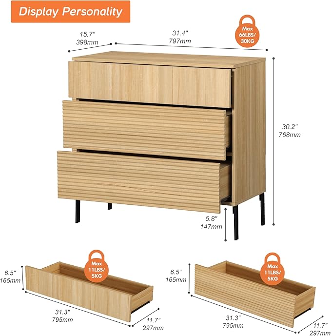 WAMPAT 31.5" W Fluted Dresser for Bedroom, Modern 3 Drawer Dresser TV Stand with Hidden Handles, Wooden Chest of Drawers Closet Clothes Storage Organizer for Bedroom, Living Room, Oak