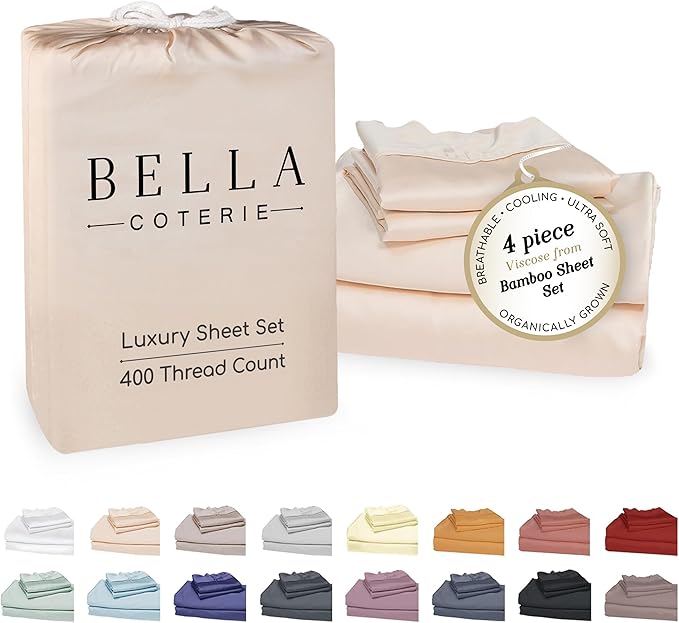 Bella Coterie Luxury Bamboo Viscose Queen Size Sheet Set | 100% Organically Grown | Ultra Soft | Cooling for Hot Sleepers | 18" Deep Pocket [Champagne]