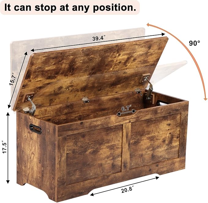 Timberer 39.4" Storage Chest, Wooden Storage Bench, Lift Top Toy Chest with 2 Safety Hinges, Large Toy Box, Entryway Bench for Living Room, Bedroom, Rustic Brown