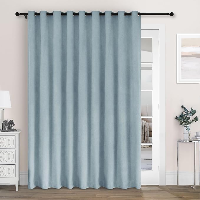 Macochico Extra Wide 100% Blackout Chenille Curtains 100" Wx102 L Thermal Curtains for Sliding Door Room Divider Living Room Bedroom Hotel Light Blue Blackout Curtains Grommet with Tieback 1 Panel