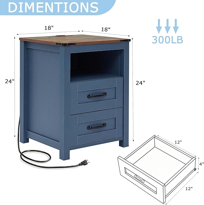Puntogen Blue Night Stand Set of 2, Rustic End Table with Charging Station, Farmhouse Tall Nightstand for Bedroom, Drawer Dresser Bedside Table with Open Storage Shelf