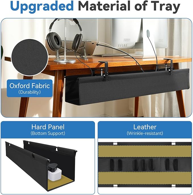 SHUWEI 36" Under Desk Cable Management Tray, Premium Fabric Cable Management for Desk, Clamp/Screw Mount Cable Tray for Office and Home (White, 36" L)