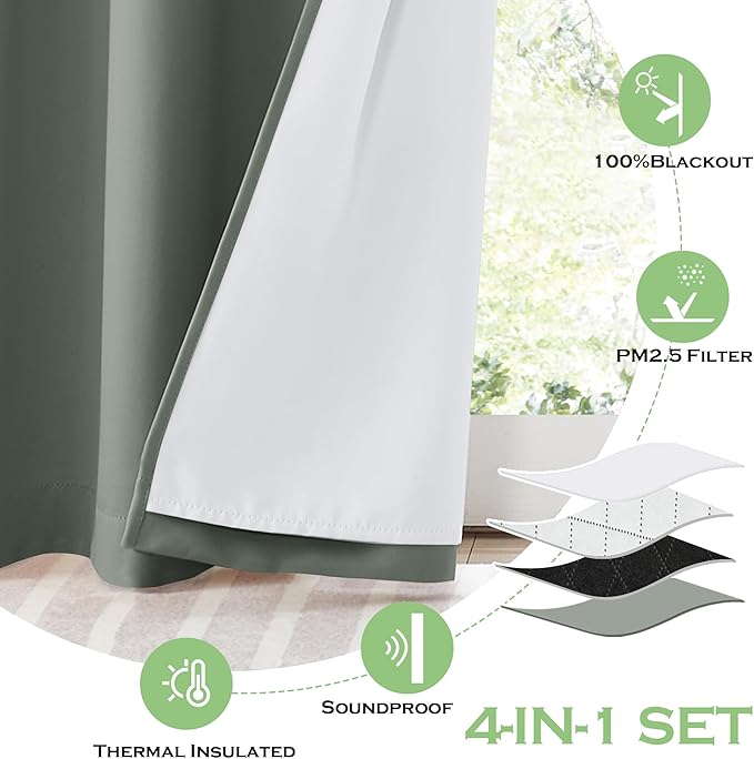 KGORGE Anti Dust Soundproof 100% Blackout Curtains 4 Layers Heavy Duty Energy Efficiency Window Curtains for Living Room Baby Bedroom Home Office Studio, Wide 52 x Long 95 inches, Sage Green, 2 Panels