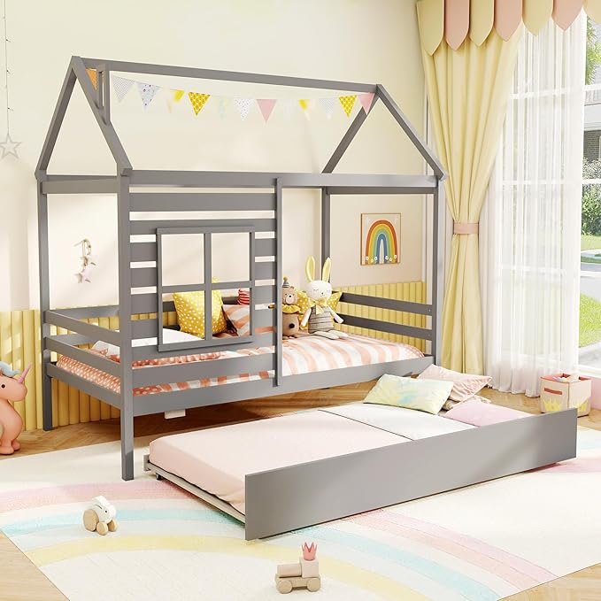 Giantex Twin House Bed with Trundle Bed, Wooden Twin Bed Frames with Roof, Chimney & Window, Montessori House Bed with Safety Guardrails for Kids, Boys, Girls, Teens (Grey)