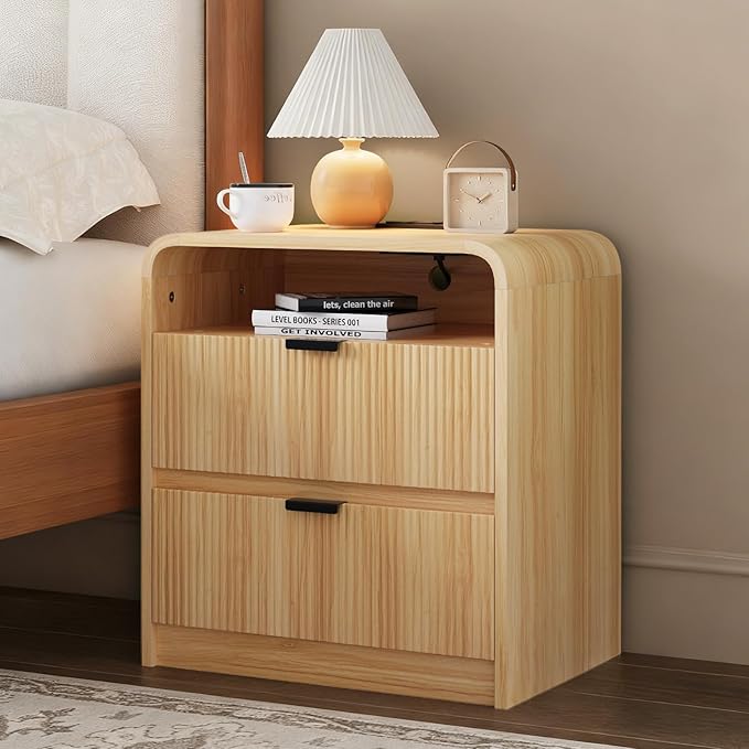 24” Fluted Nightstand Set of 2, Modern Bedside Table with Charging Station, Curved Profile Design, Wooden End Table with Storage for Bedroom, Living Room, Natural Oak