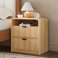 24” Fluted Nightstand with Charging Station, Modern Bedside Table with 2 Drawers, Curved Profile Design, Wooden End Table with Storage for Bedroom, Living Room, Natural Oak