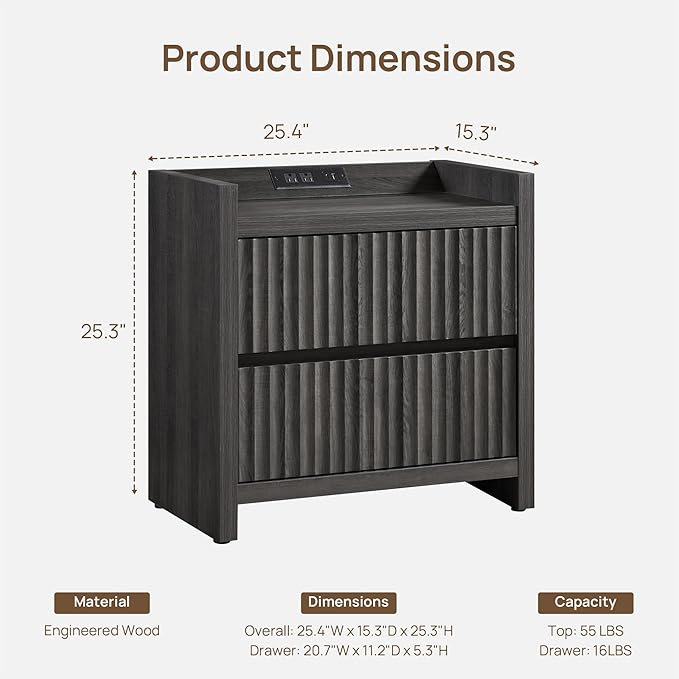SICOTAS Night Stand Set of 2-Fluted Nightstands with Charger Station-Large Nightstand Bedside Table End Table with 2 Drawers, 25" Wide Mid Century Modern Night Stands for Bedroom-Black Oak