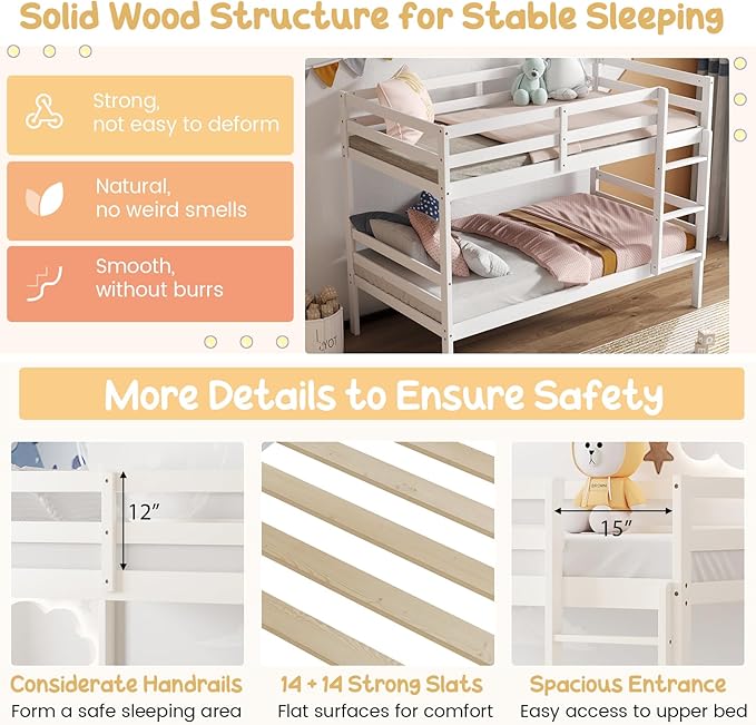 Giantex Bunk Bed Twin Over Twin White, Solid Wood Bunk Bed with Sturdy Ladder & 12 Inch Safety Guard Rails, Twin Size Wood Bed Frame for Dormitory, No Box Spring Needed, Bunk Beds for Kids Teens