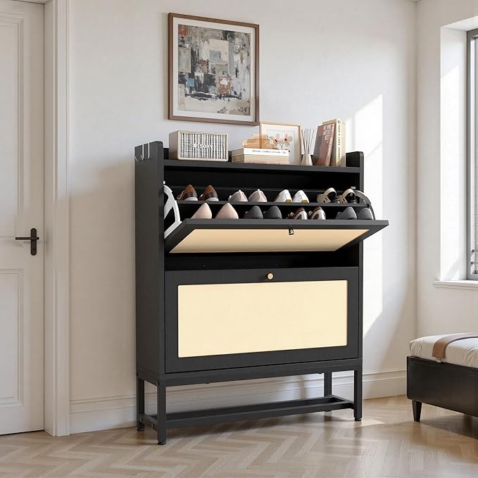 Slim Entryway Shoe Storage Cabinet with 2 Flip Drawers, Modern Freestanding Shoes Organizer Holds 16-20 Pairs, Closed Shoe Storage for Hallway, Foyer - Space-Saving Wood Shoe Cabinet