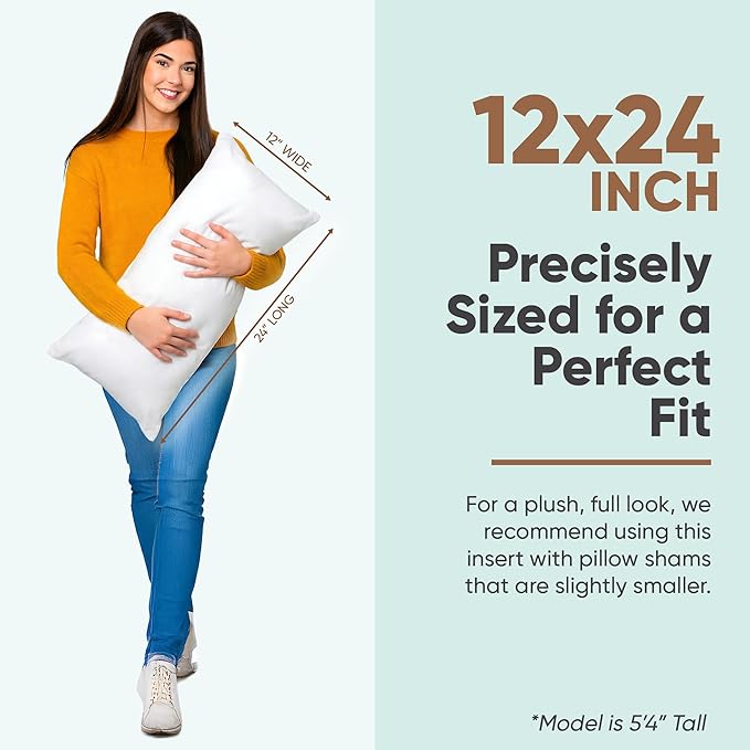 Pillowflex Synthetic Down Pillow Insert - 12x24 Down Alternative Pillow, Ultra Soft, Large Rectangle, Lumbar, Travel, Neck, Sleeping Pillow - 1 Decorative Pillow Form