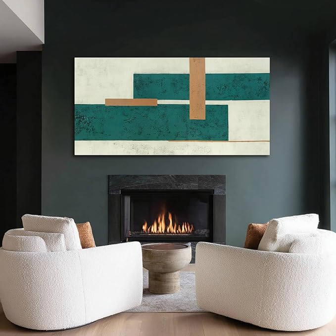 YETHEN WAL Teal Geometric Abstract Canvas Wall Art, 20×40 in Horizontal – Gallery Wrapped, Green & Beige Minimalist Artwork for Living Room, Bedroom, Office