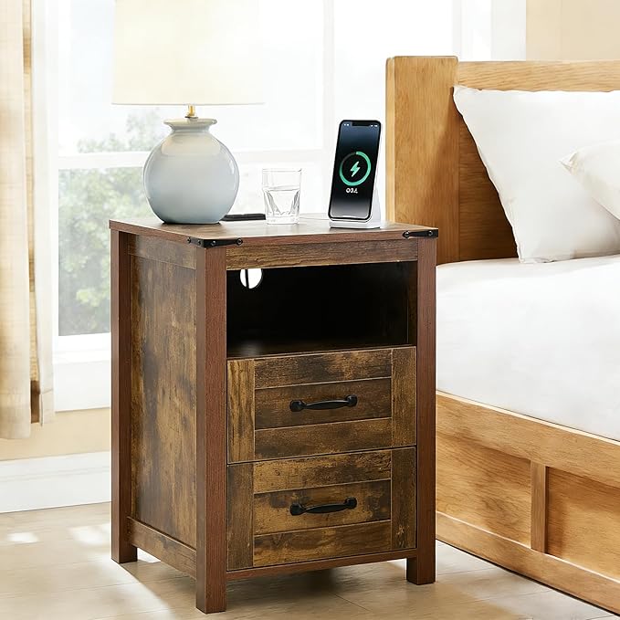 Puntogen Brown Night Stand, Rustic End Table with Charging Station, Farmhouse Tall Nightstand for Bedroom, Drawer Dresser Bedside Table with Open Storage Shelf