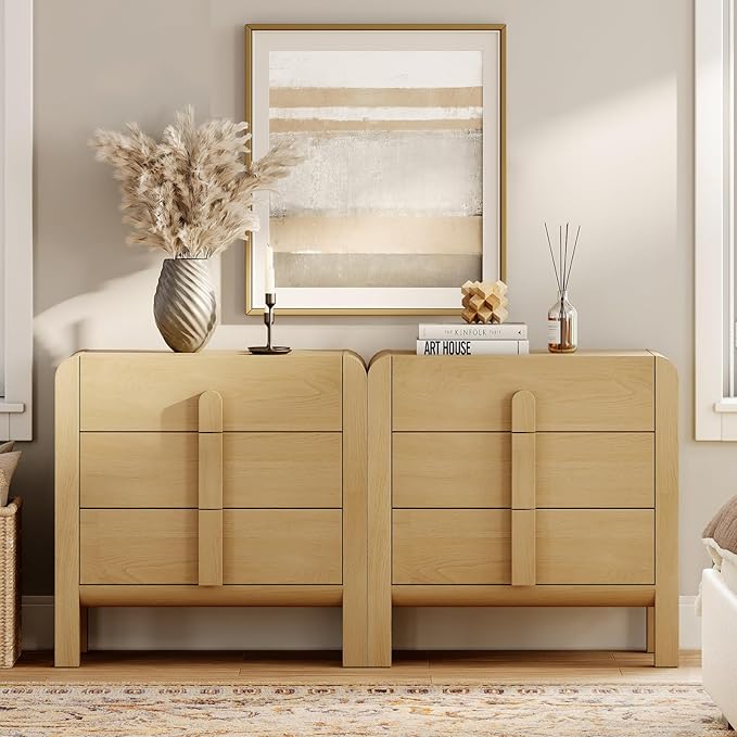 WAMPAT 6 Drawer Dresser for Bedroom, 2 in 1 63" Wide Mid Century Modern Wide Chest of Drawer, Wood Tall Nightstand with Curved Edge Handles, Closet Dresser TV Stand for Bedroom, Oak