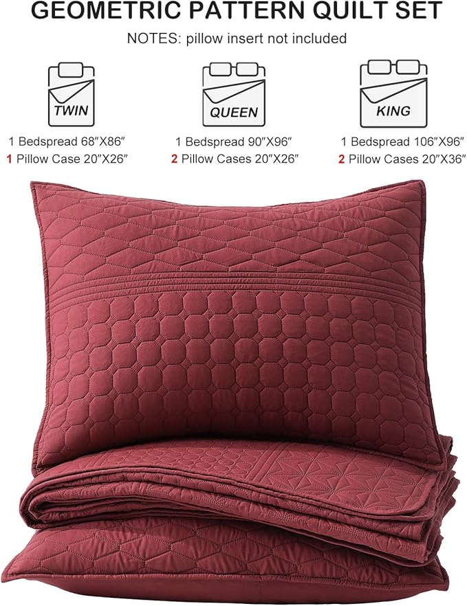 HORIMOTE HOME Burgundy Red King Size Quilt Set - Soft Microfiber Bedspread with 2 Shams, Lightweight & All-Season Geometric Coverlet for Cozy Bedding
