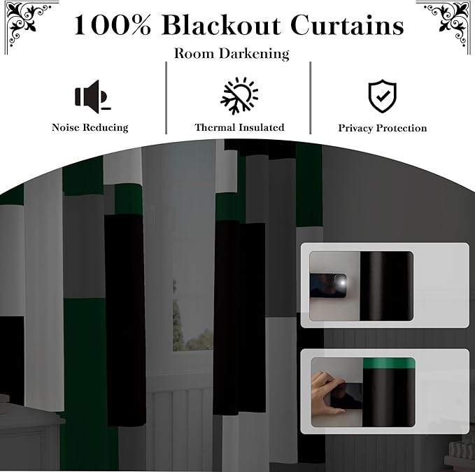 Green 100% Blackout Curtains for Bedroom 72 inch Length 2 Panels Set White Grey Modern Abstract Geometric Black Out Curtains Insulated Room Darkening Window Drapes for Living Room, 42Wx72L