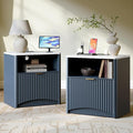 Evermagin Fluted Nightstand Set of 2 with Charging Station, Navy Blue Bedside Table with Drawer and Storage, Wood End Table Mid Century Modern, Large Night Stand for Bedroom
