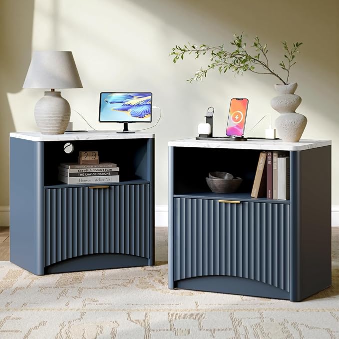 Evermagin Fluted Nightstand Set of 2 with Charging Station, Navy Blue Bedside Table with Drawer and Storage, Wood End Table Mid Century Modern, Large Night Stand for Bedroom