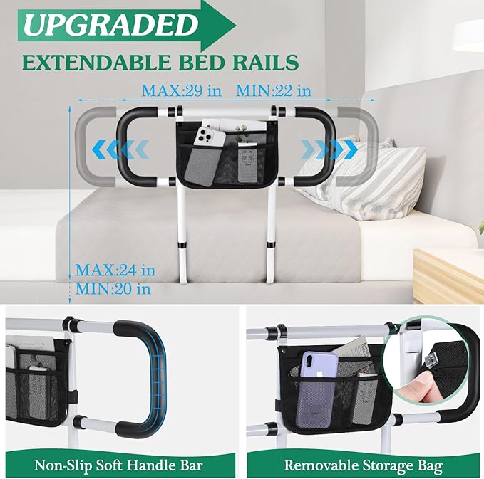 Bed Rails for Elderly Adults Safety - Extended Bed Assist Rail for Seniors - Adjustable Beds Side Rails Handle Support Bar Bed Guard with Storage Bag & Fixing Strap, Fit King Queen Full Twin Beds