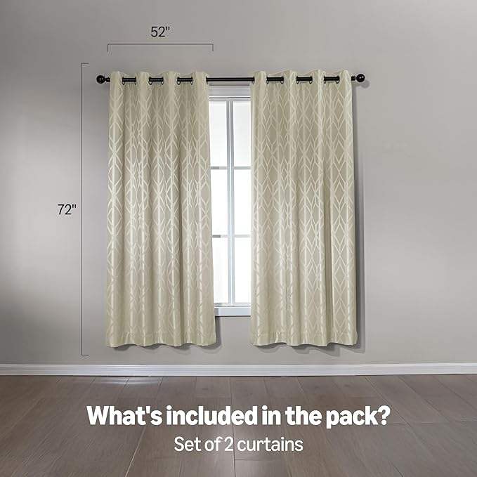 Amazon Basics Jacquard 2-Piece 100% Blackout Curtains, Living Room and Bedroom Drapes, Thermal Insulated Window Treatment, 52"x72", Beige